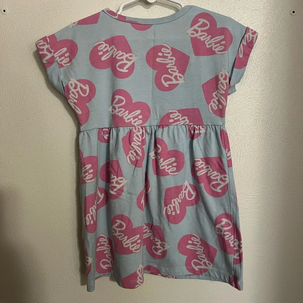 BARBIE Classic Logo Short Sleeve Casual Play Dress Blue Pink‎ White Girl's Sz XS